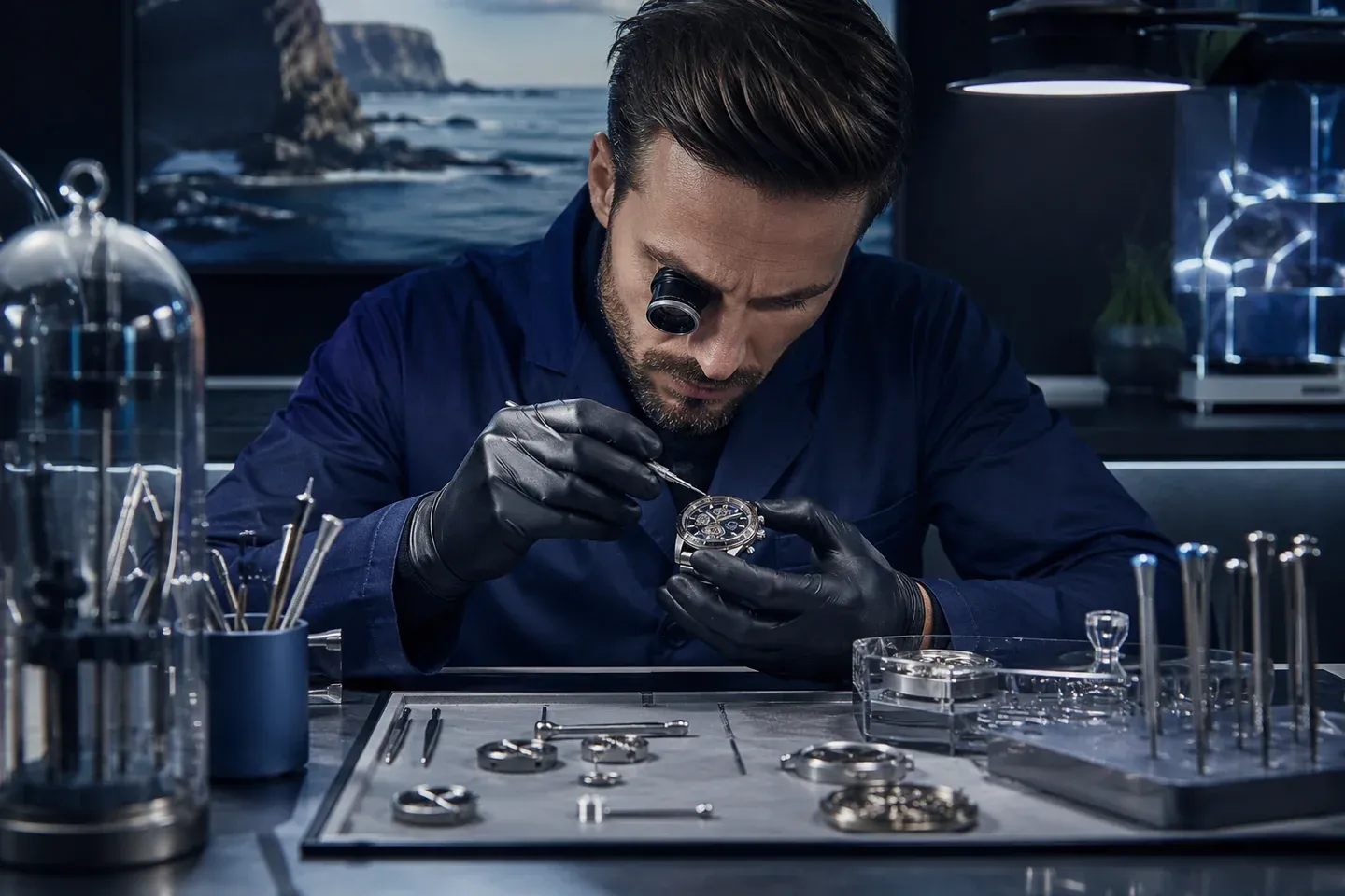 Watchmaker inspecting a luxury mechanical watch in a sapphire-blue atelier